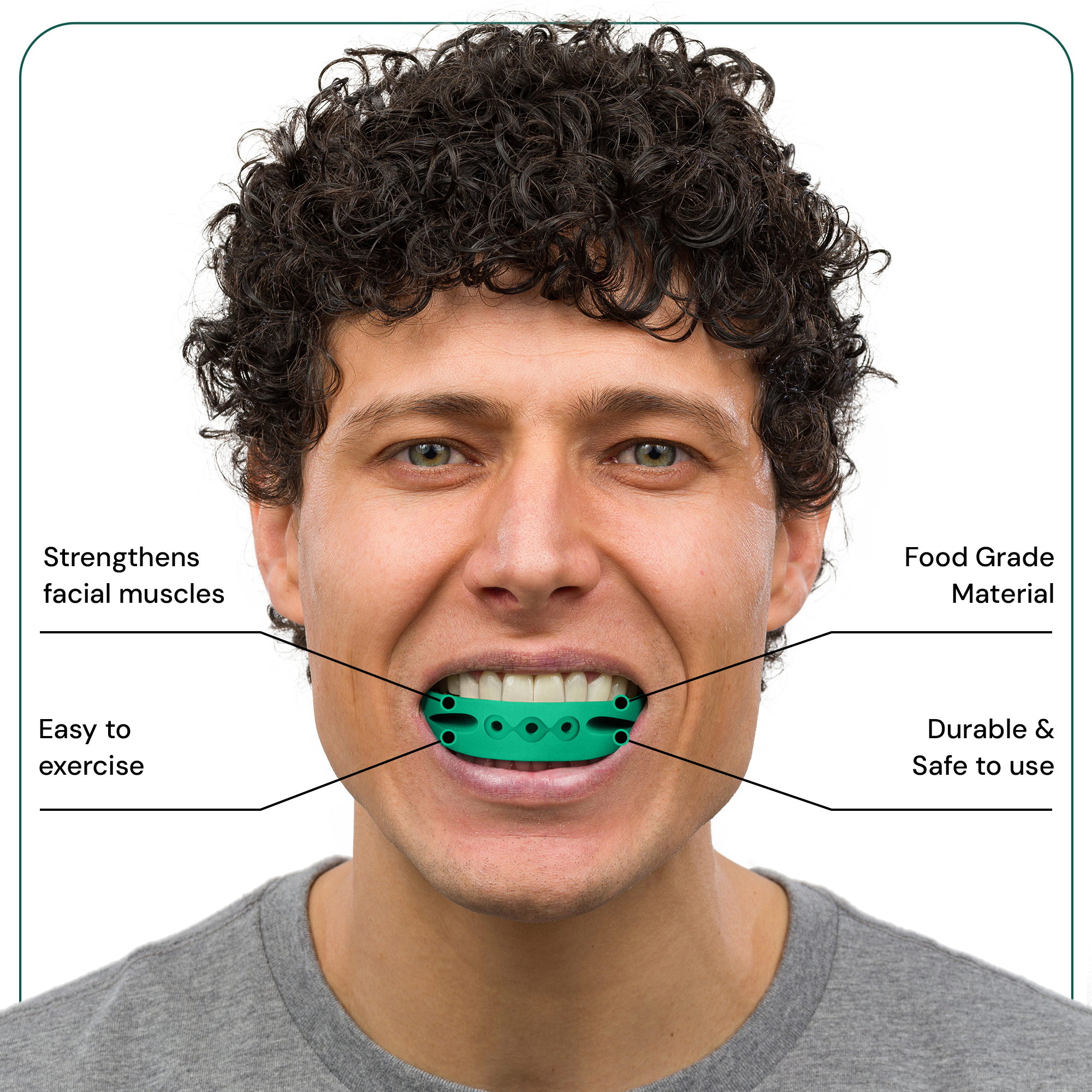 Man biting down on the green full face trainer with text highlighting its benefits
