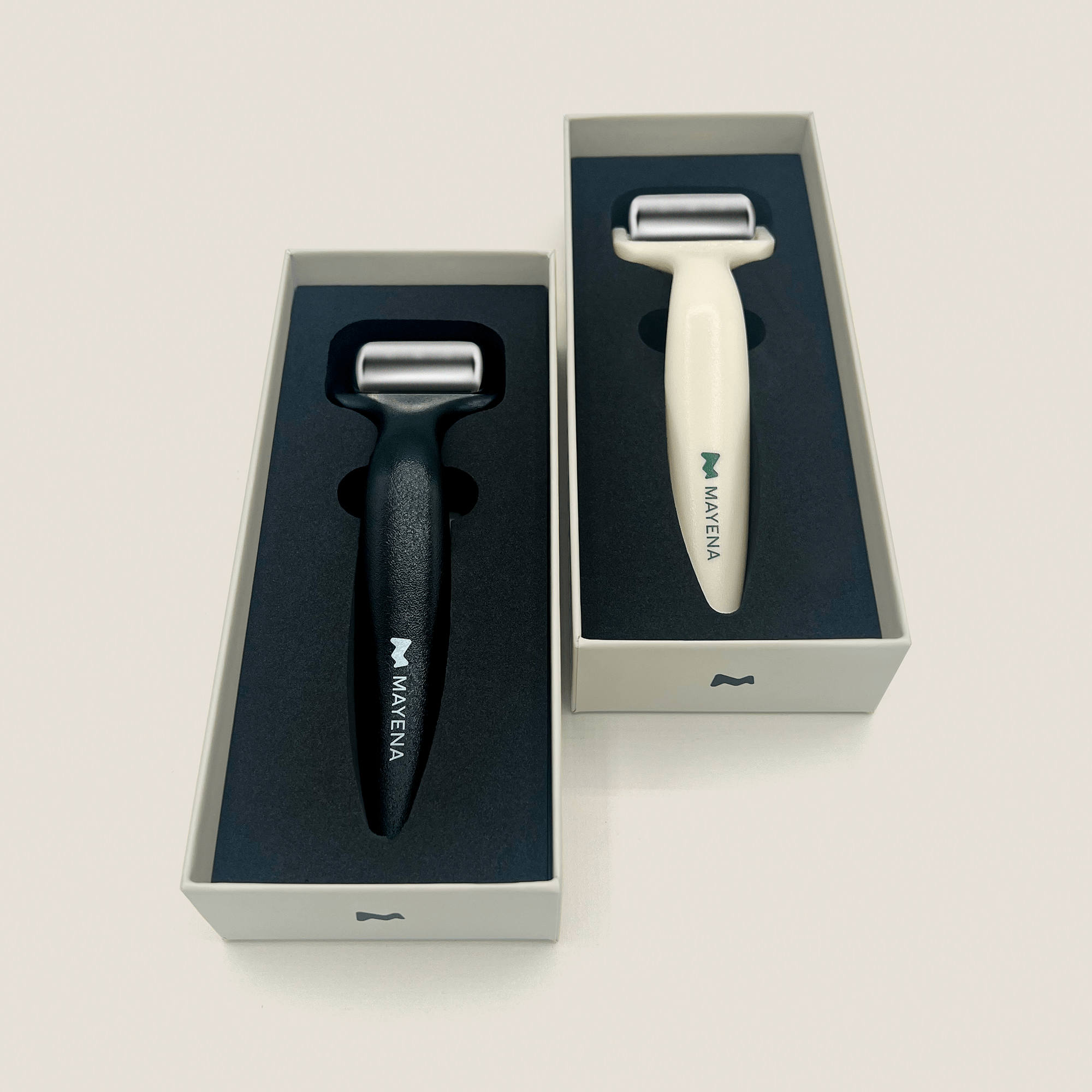 Ice rollers black and beige handles in premium packaging