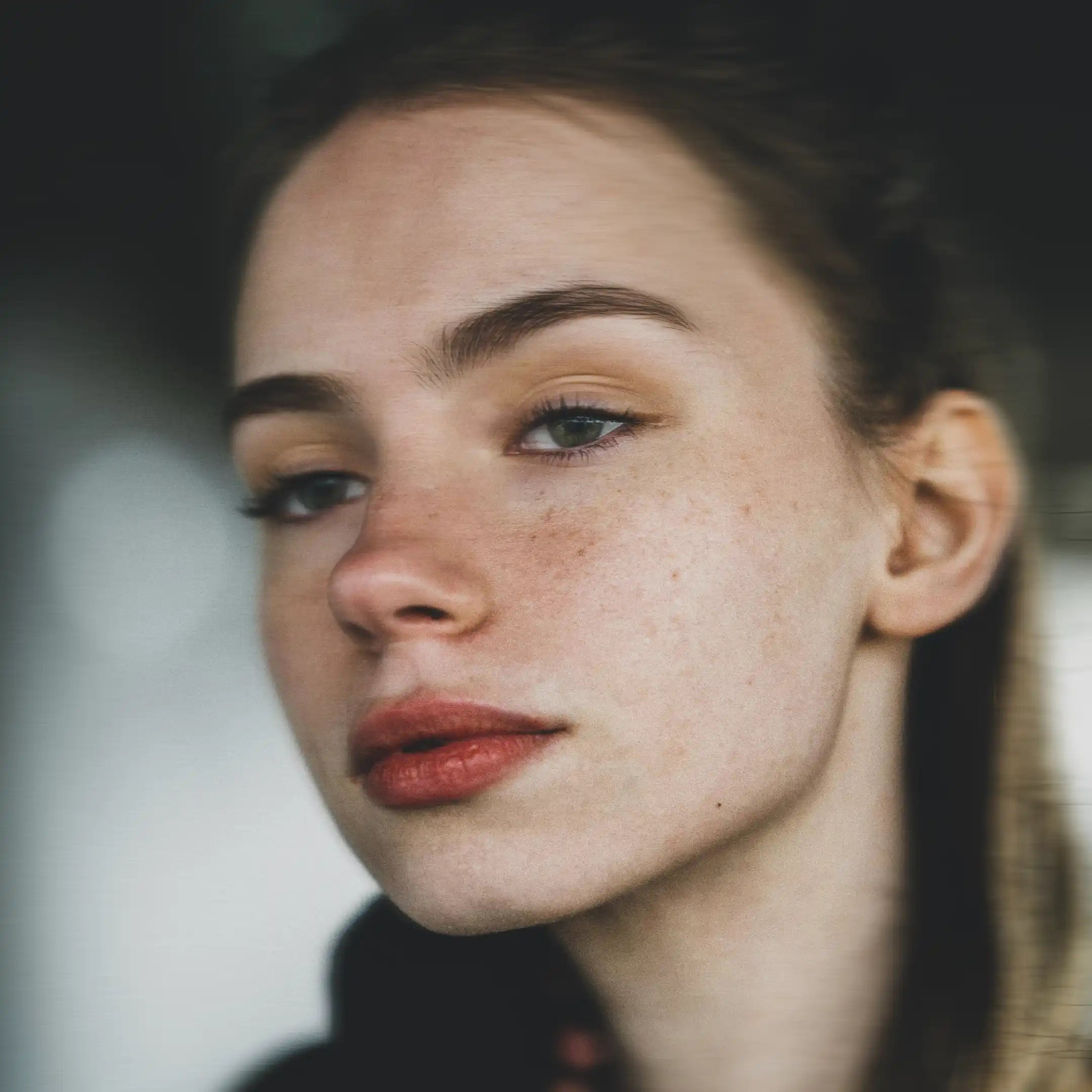 Close-up of a woman's face after exercising with a full face trainer