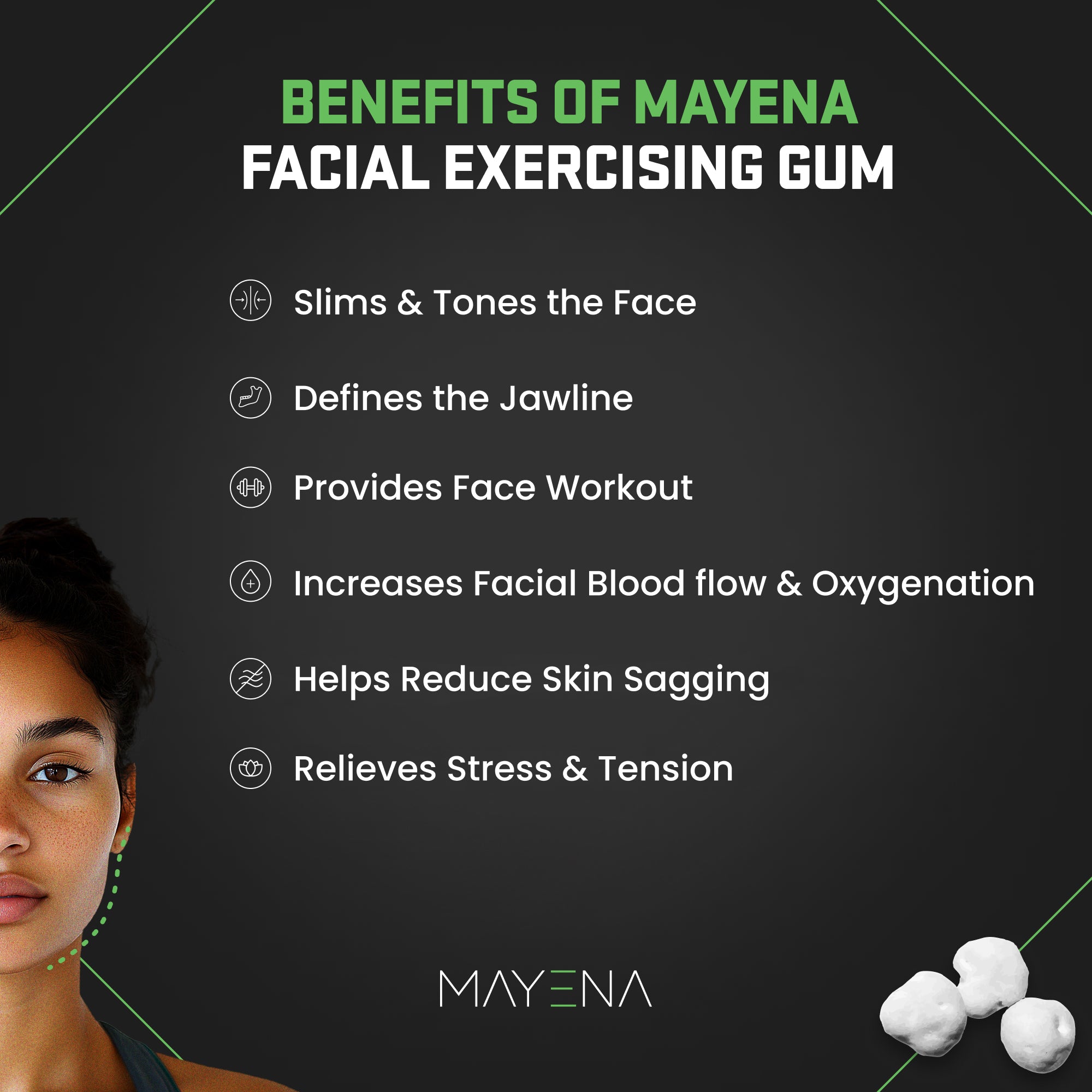 Mayena customizable facial exercising gum with a list of benefits