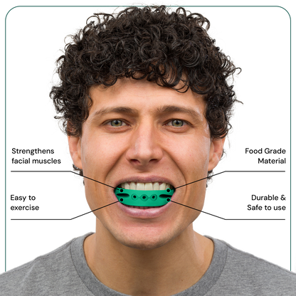 Man biting down on the green full face trainer with text highlighting its benefits 