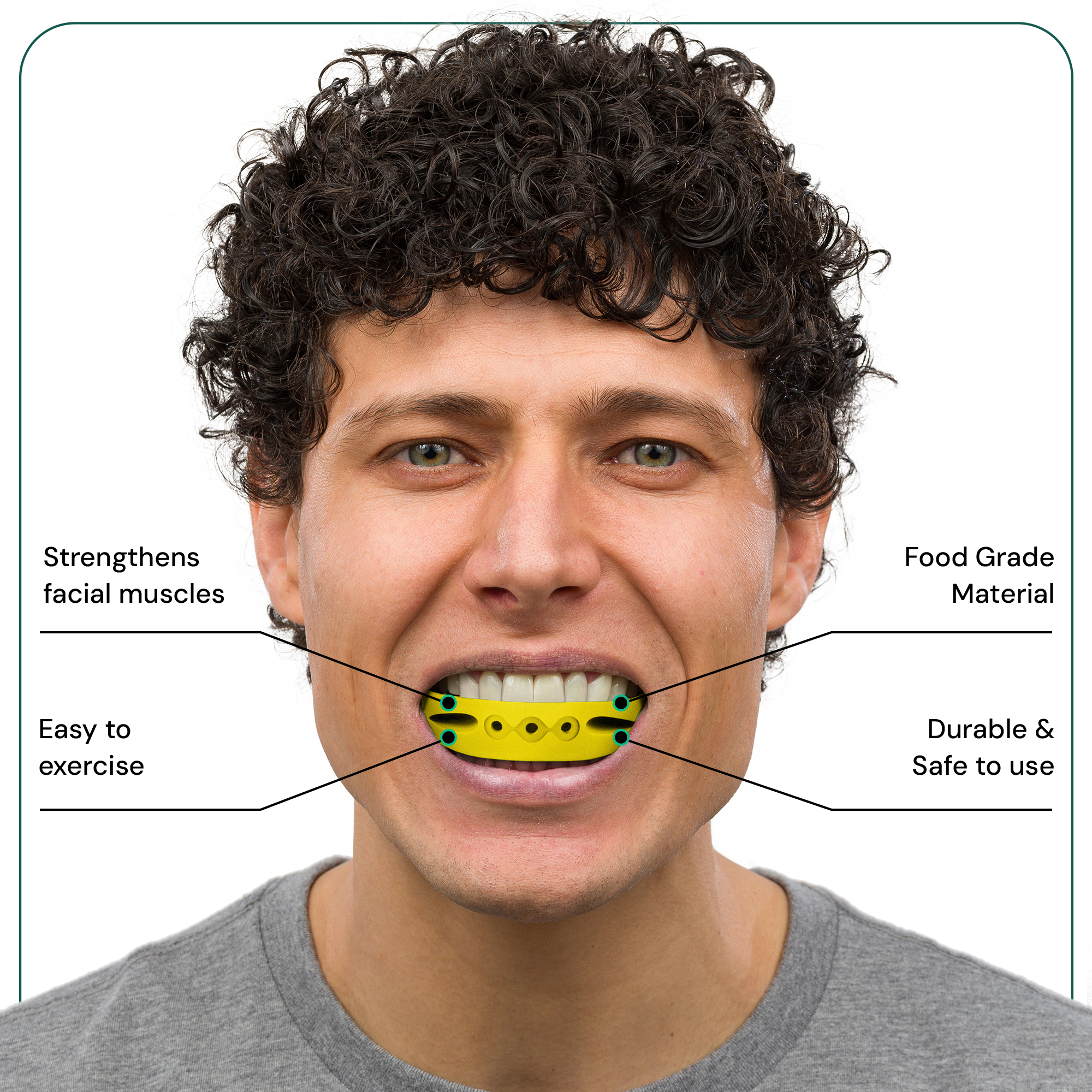 Man biting down on the yellow full face trainer with text highlighting its benefits 
