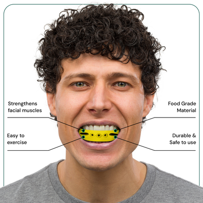 Man biting down on the yellow full face trainer with text highlighting its benefits 