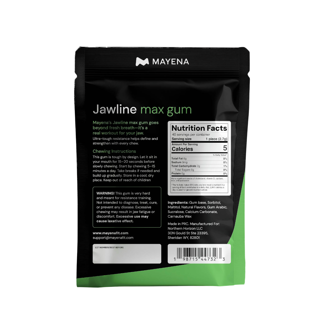 Mayena Jawline max gum packaging with nutrition facts label